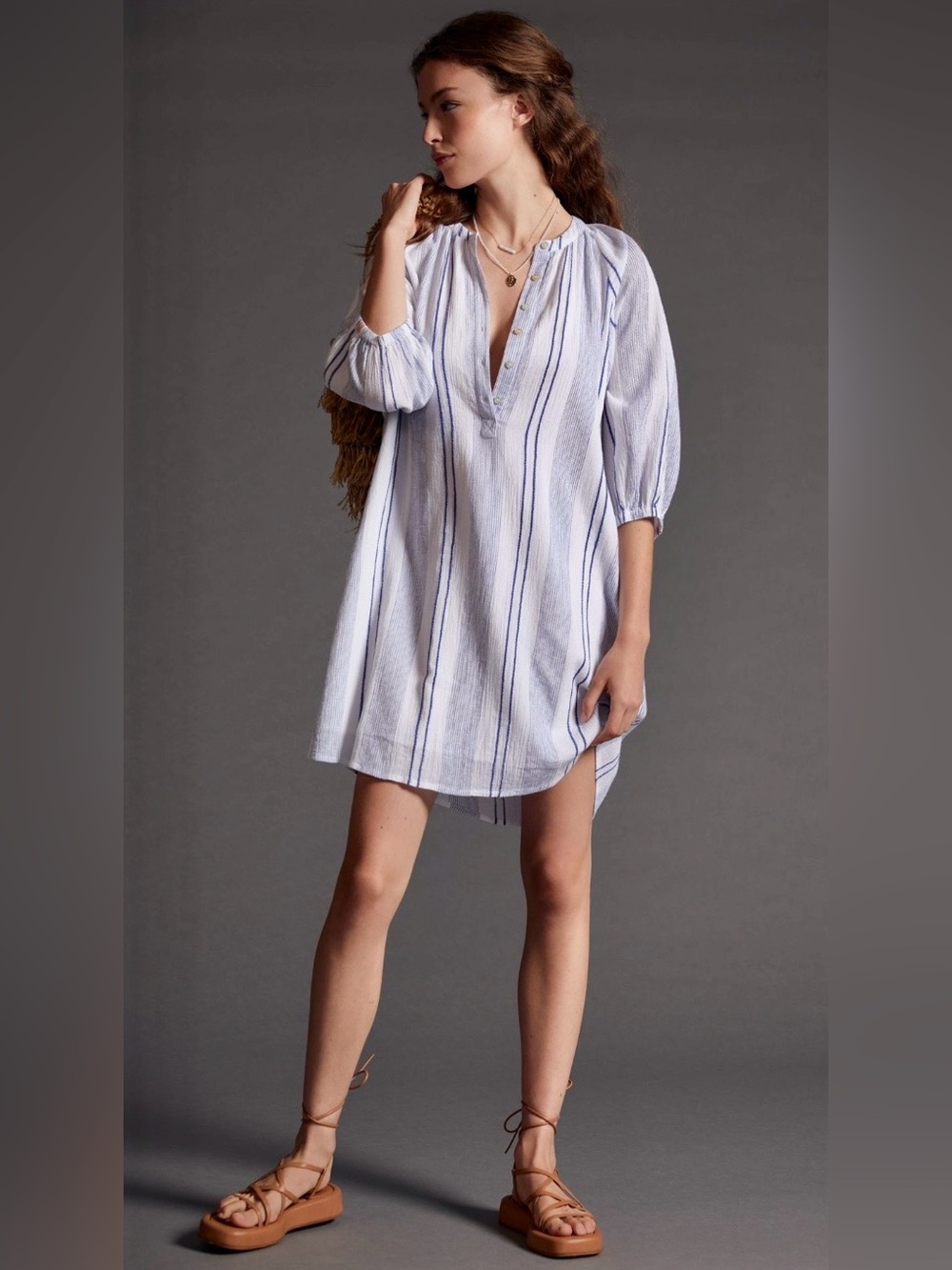 NWT Sundry Striped Henley Mini Dress Size 0 White Blue $188